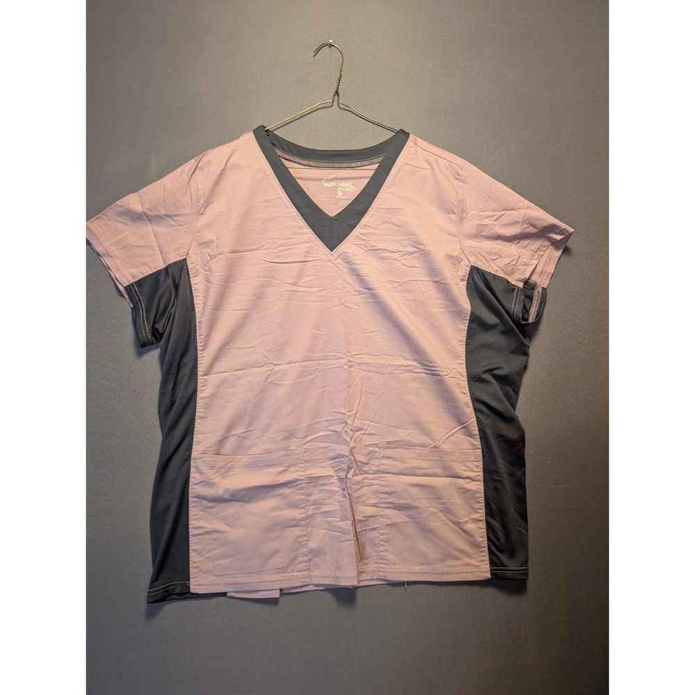 Butter Soft Stretch Scrub Top Womens XL Pink Black V-Neck Short Sleeve Pullover